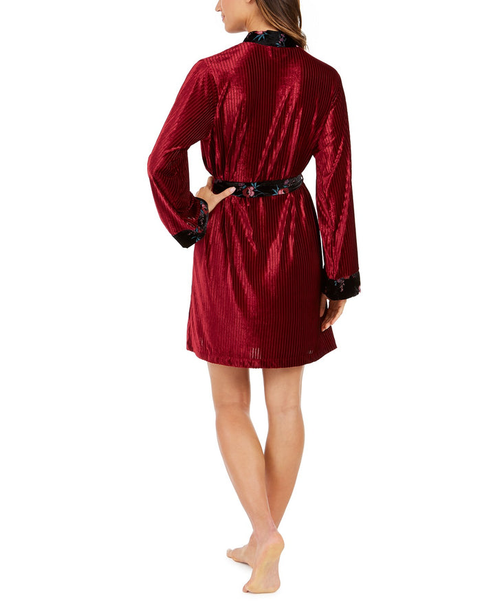 Inc International Concepts Womens Floral Trim Velvet Ribbed Robe