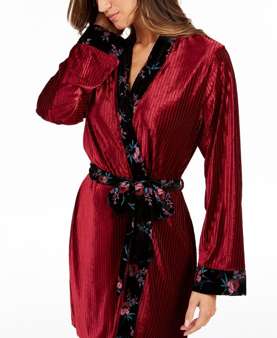 Inc International Concepts Womens Floral Trim Velvet Ribbed Robe