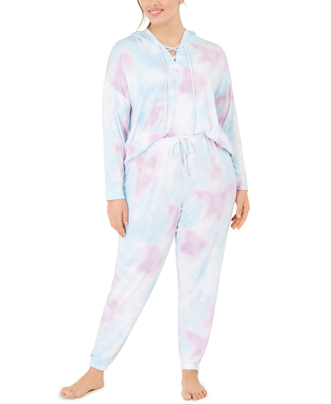 Jenni Womens Plus Size Printed Lace-up Hoodie & Pants Pajama Set