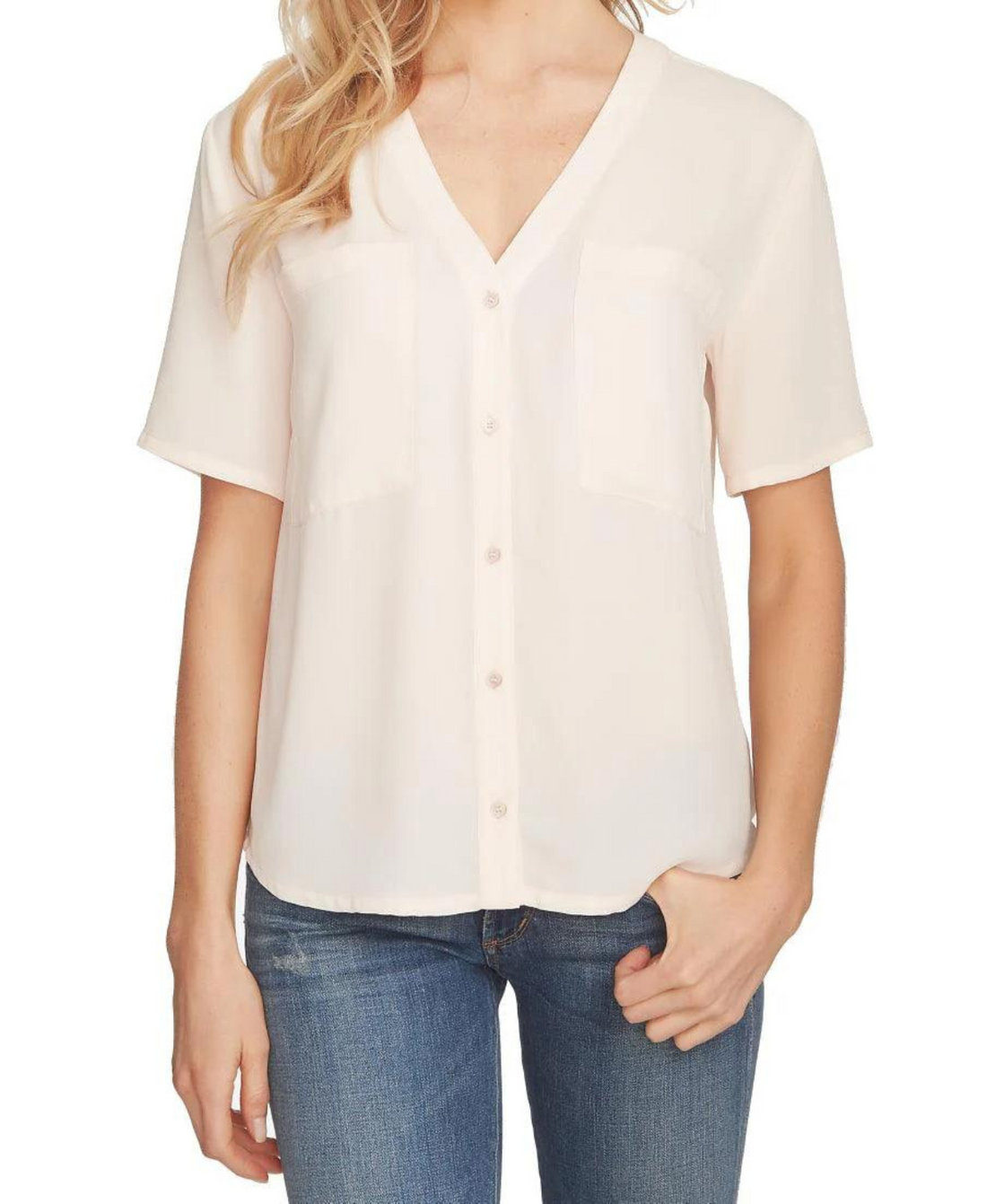 1.STATE Womens Chiffon Short Sleeves V Neck Button Down Shirt