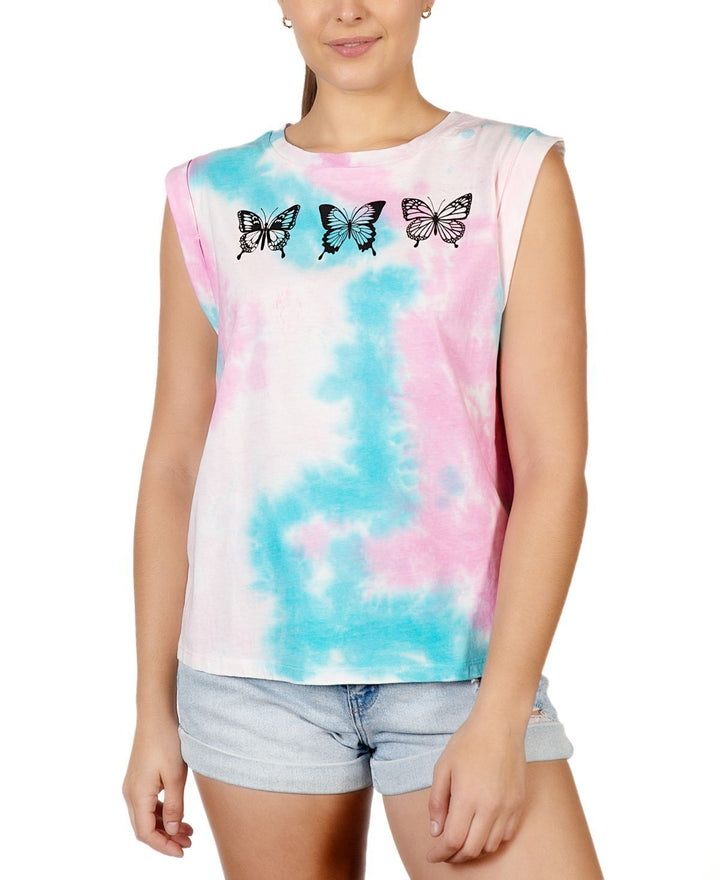 Rebellious One Juniors Rolled-Sleeve Graphic Tie-Dyed T-Shirt