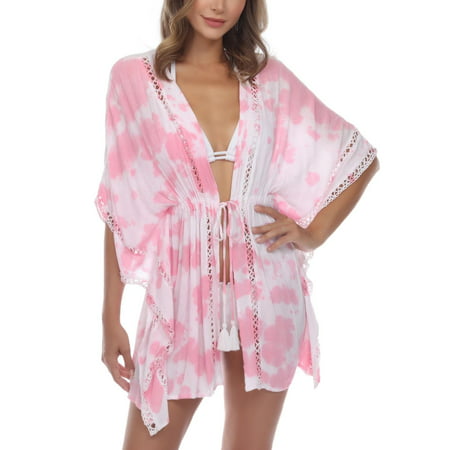 Raviya Womens Crochet-Trim Tie-Front Kimono Swim Cover-up