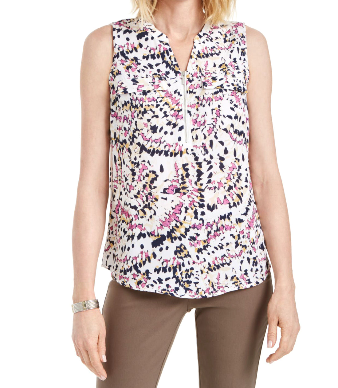 JM Collection Womens Sleeveless Printed Zip Front Top