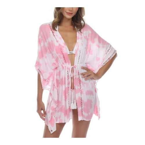 Raviya Womens Crochet-Trim Tie-Front Kimono Swim Cover-up