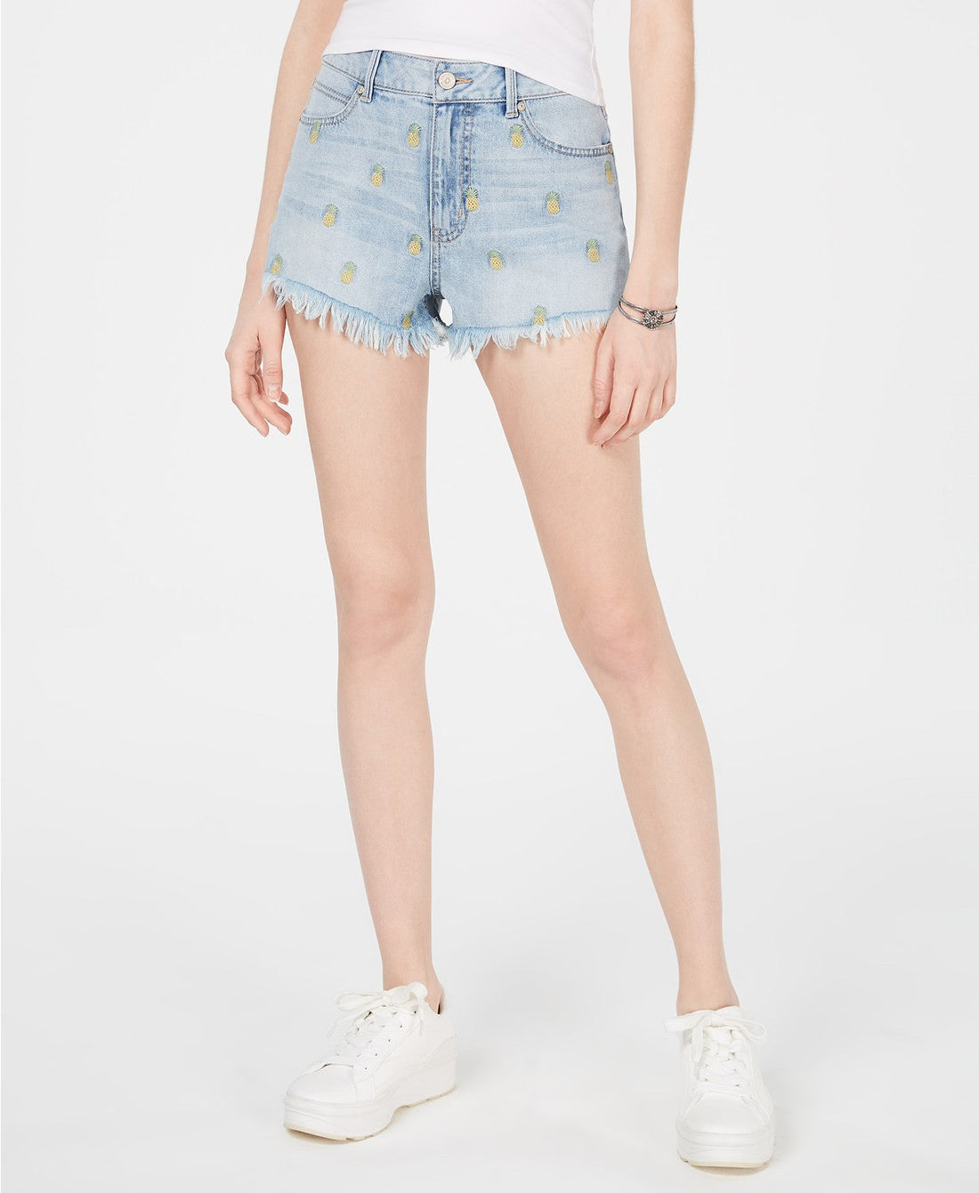 Rewash Juniors Pineapple Embroidered Frayed Denim Shorts