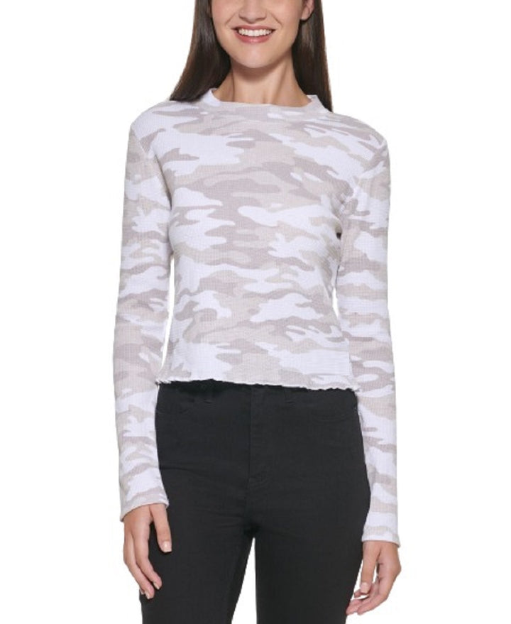 Calvin Klein Womens Camo Waffle Knit Top