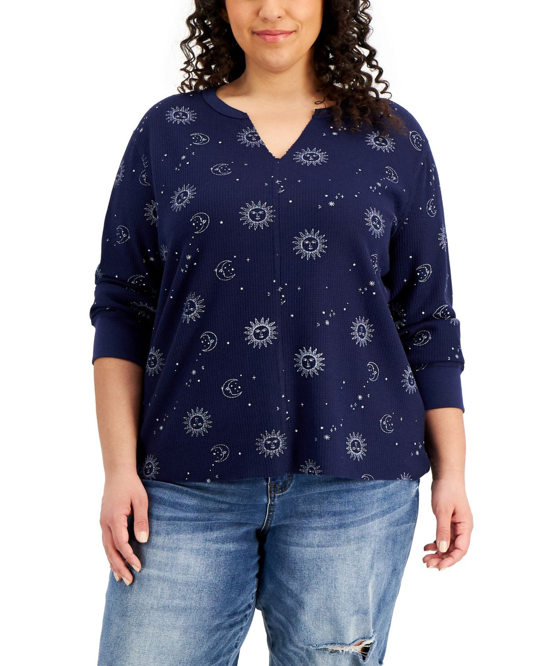 Rebellious One Womens Trendy Plus Size Printed Notch-Neck Thermal Top