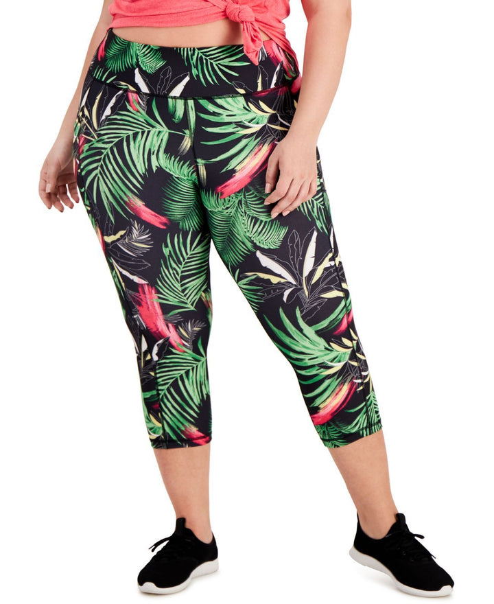 allbrand365 designer Womens Activewear Plus Size Tropical-Print Side-Pocket Cropped Leggings