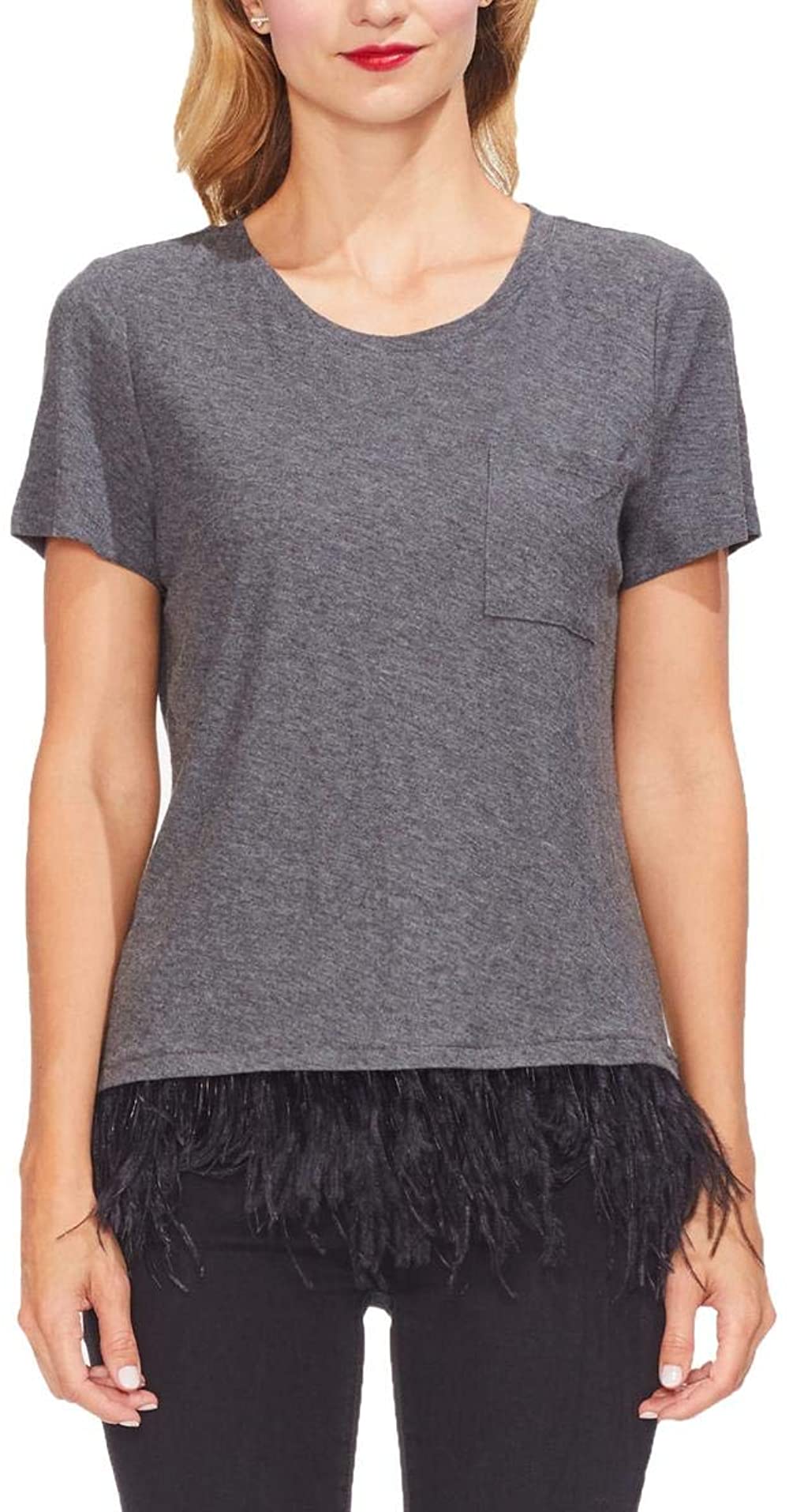 Vince Camuto Womens Short Sleeve Feather Hem Top