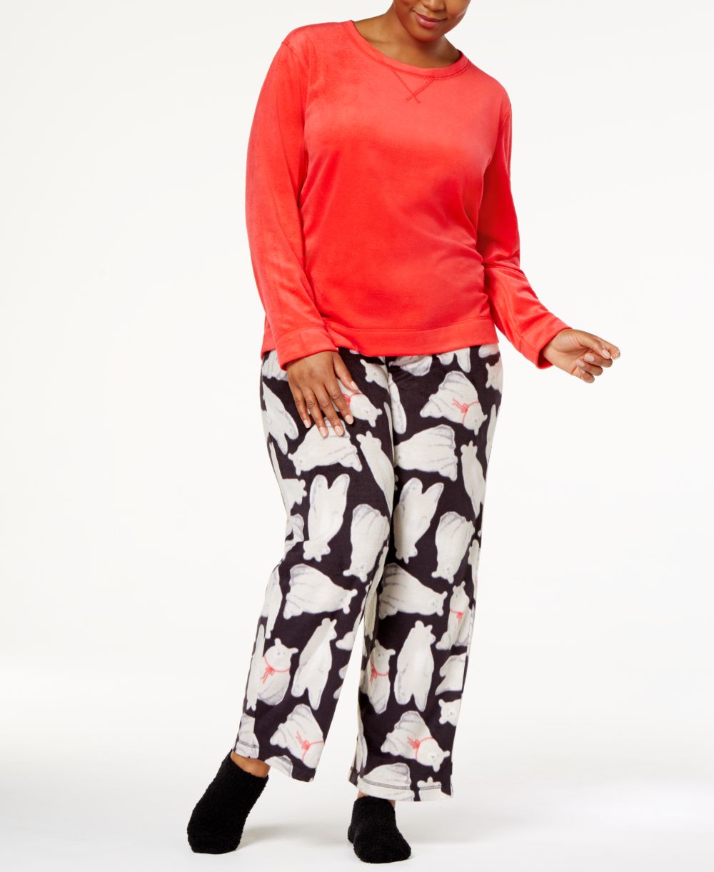 HUE Womens Plus Sueded Fleece Top And Printed Pants With Socks 3 Piece Pajama Se