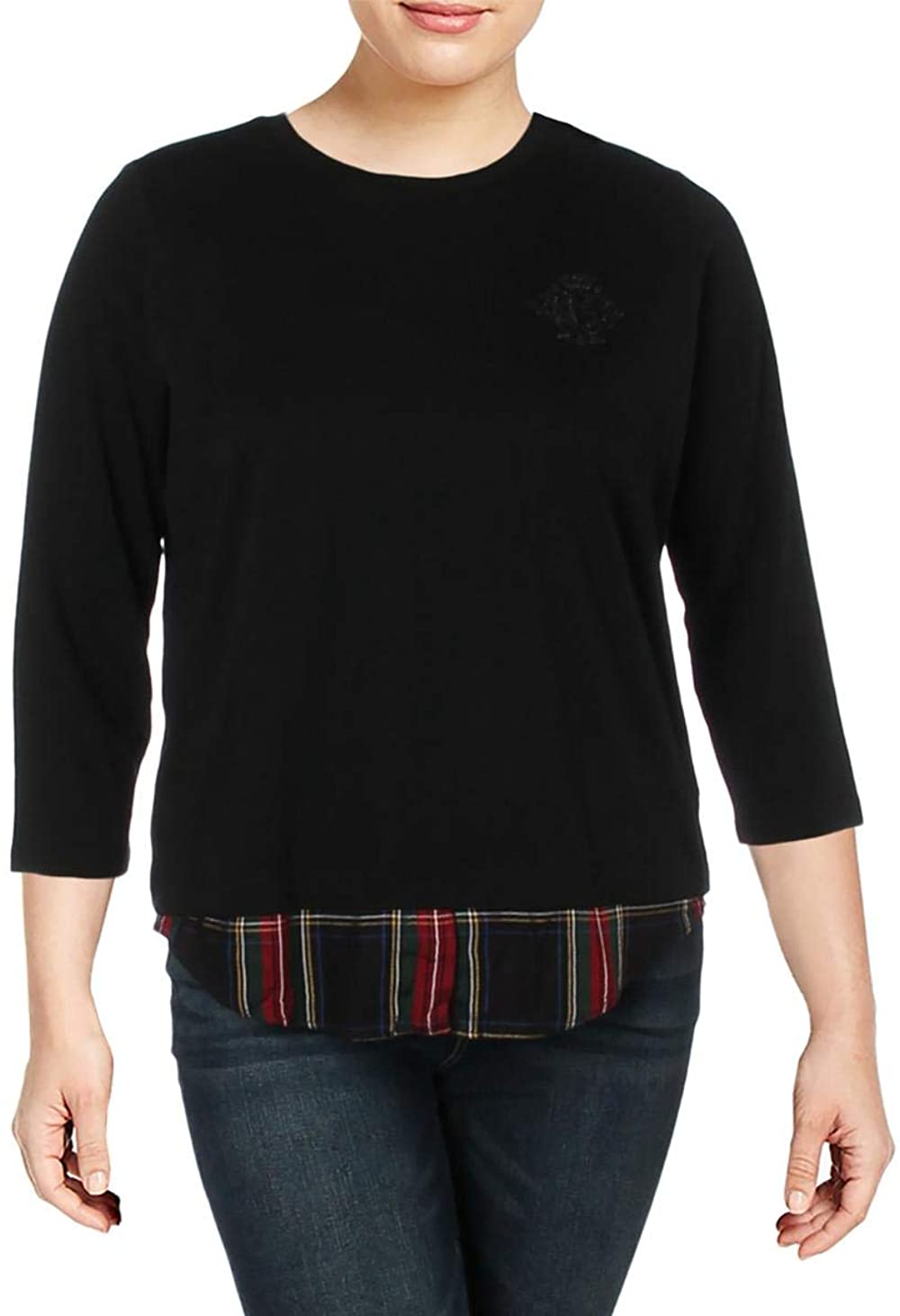 Lauren Ralph Lauren Womens Embroidered Plaid Trim Pullover Top