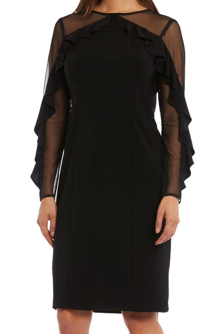 R&M Richards Womens Knee-Length Dress With Sheer Details And Ruffled Sleeves