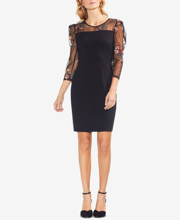 Vince Camuto Womens Embroidered Mesh-Sleeve Dress