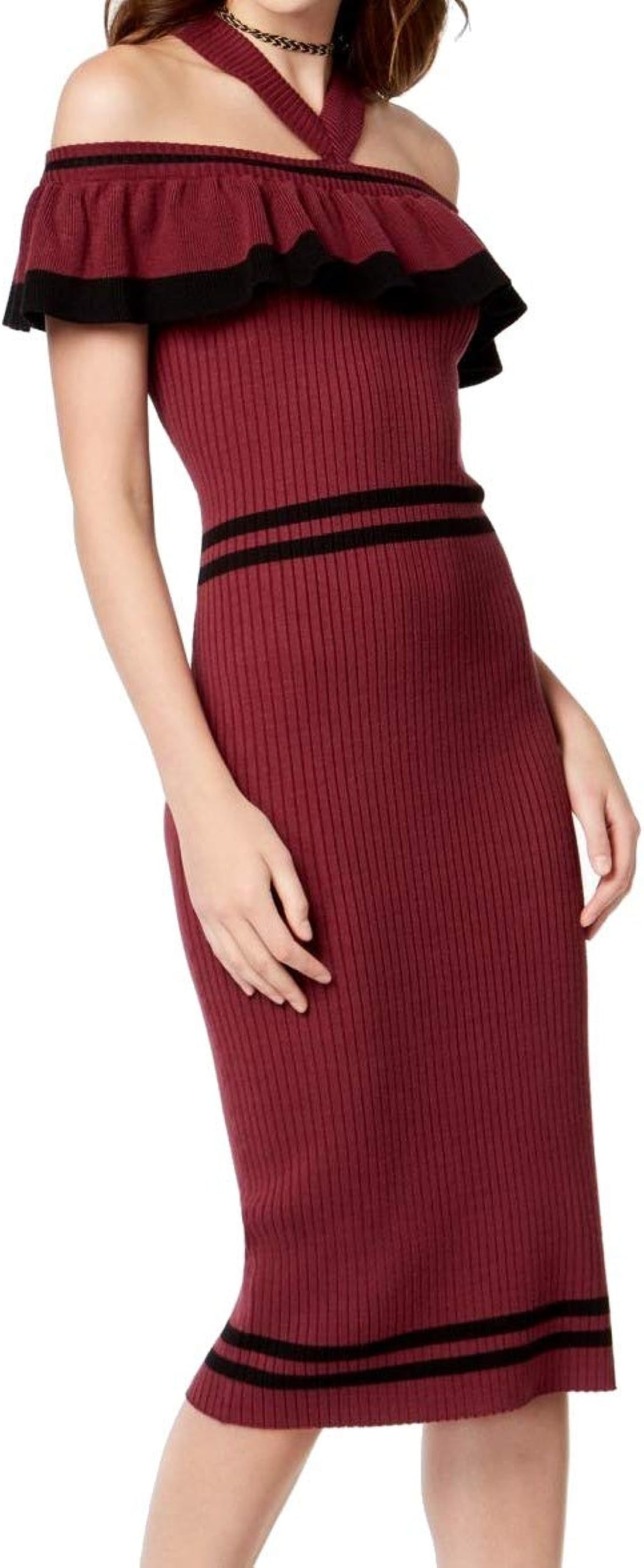 XOXO Womens Halter Ruffle Ribbed Knit Midi Length Dress