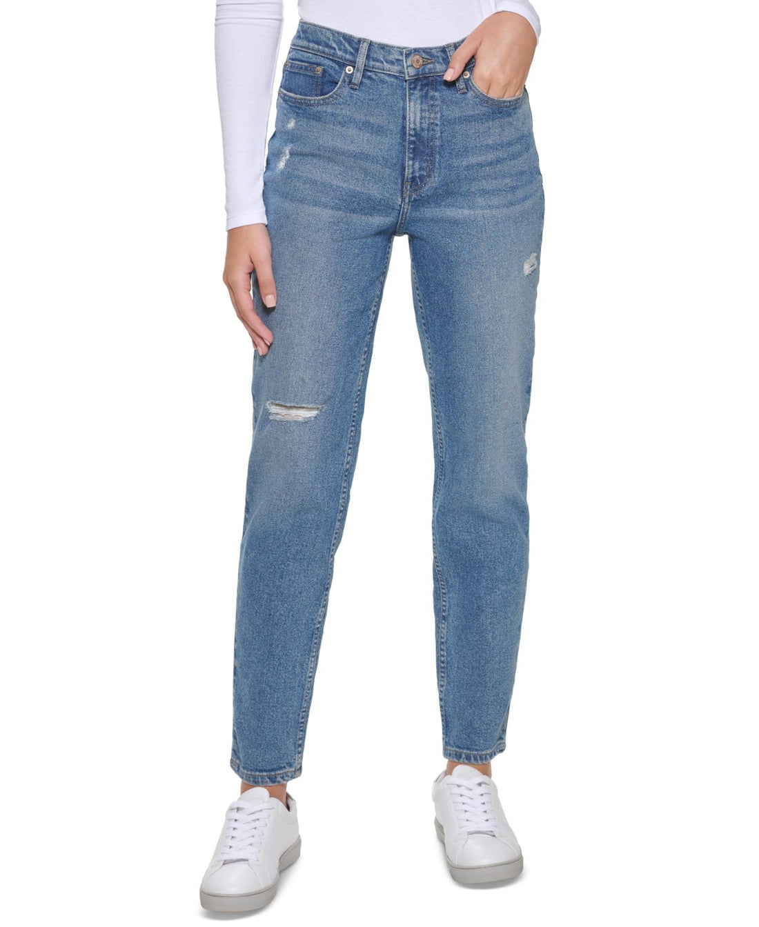 Calvin Klein Womens Distressed Slim-Leg Jeans