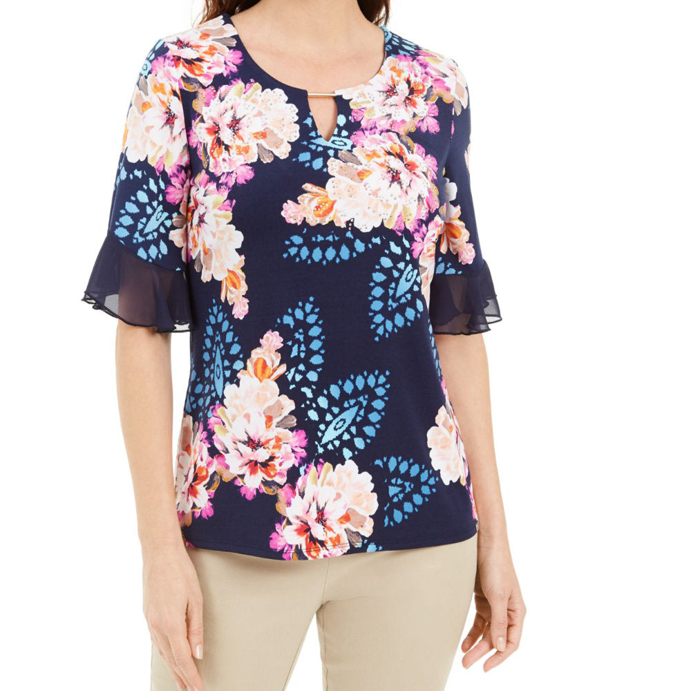 JM Collection Womens Liza Floral Print Keyhole Top