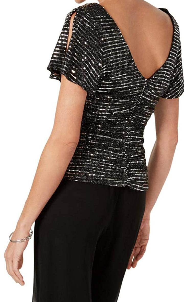 R&M Richards Womens Petites Sequined Ruched Blouse