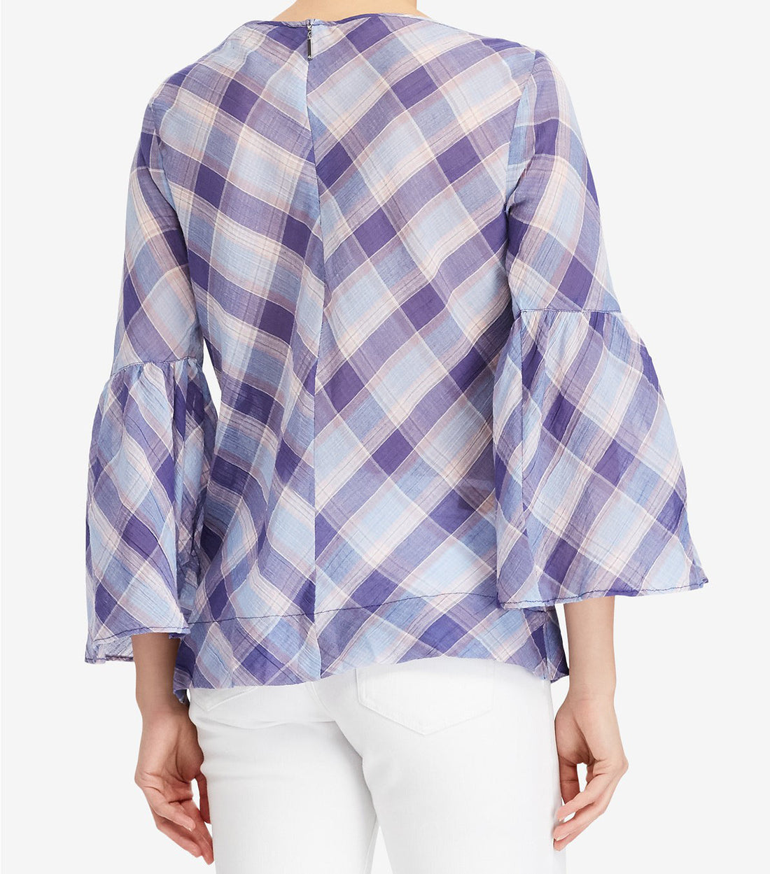 LAUREN RALPH LAUREN Womens Bell Sleeve Plaid Print Blouse