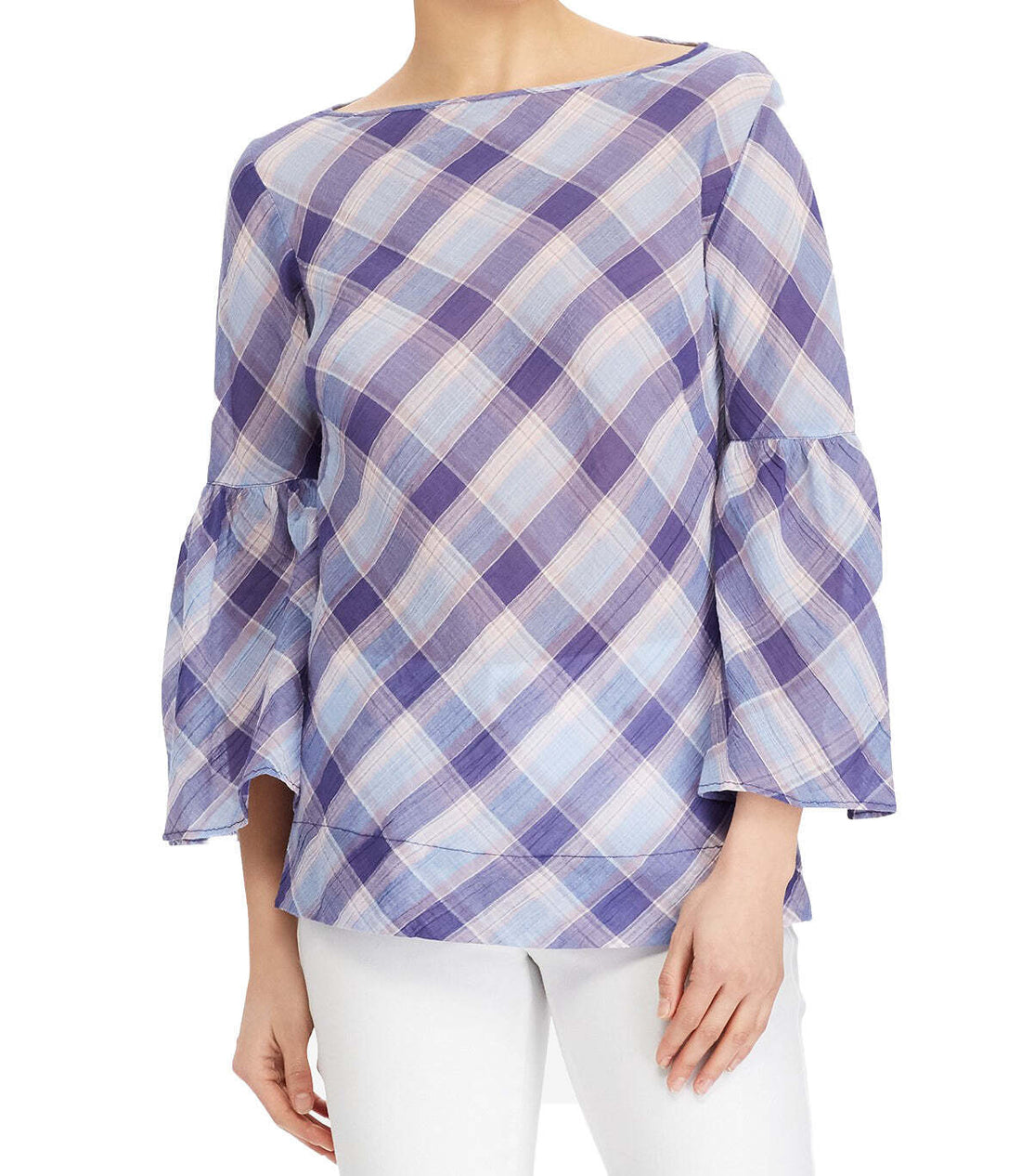 LAUREN RALPH LAUREN Womens Bell Sleeve Plaid Print Blouse