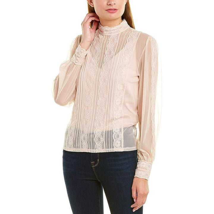 Vince Camuto Womens Mock Neck Mesh and Lace Blouse