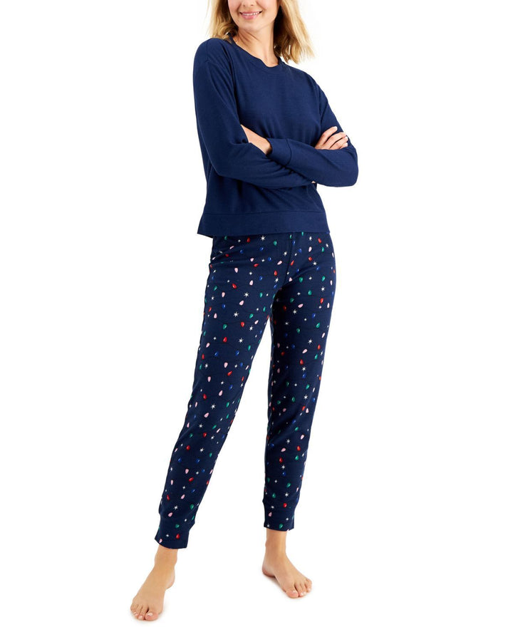 Jenni by Jennifer Moore Womens Long Sleeve Waffle Pajama Top and Jogger Set