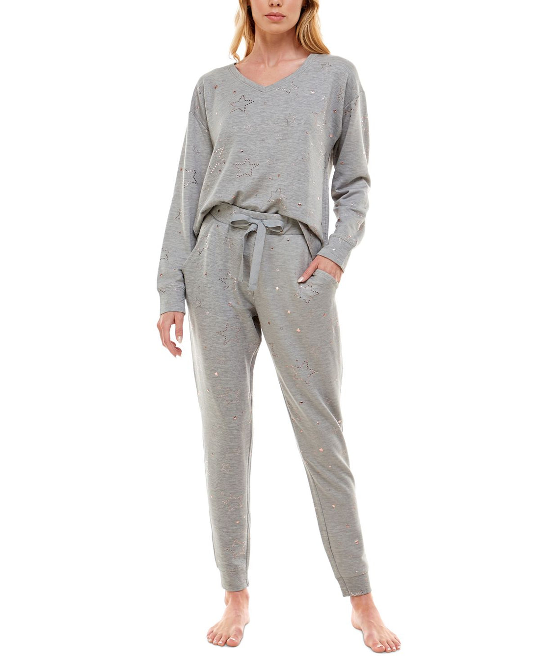 Roudelain Womens Foil-Star-Print Long Sleeve and Jogger Pajama Set