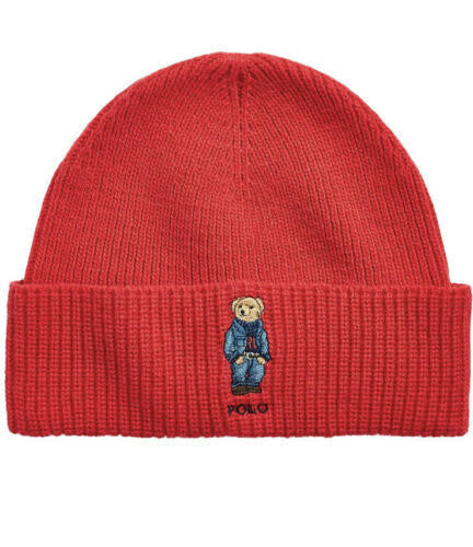 Ralph Lauren Polo Unisex Adults Bear Rib-Knit Beanie Red Size One Size