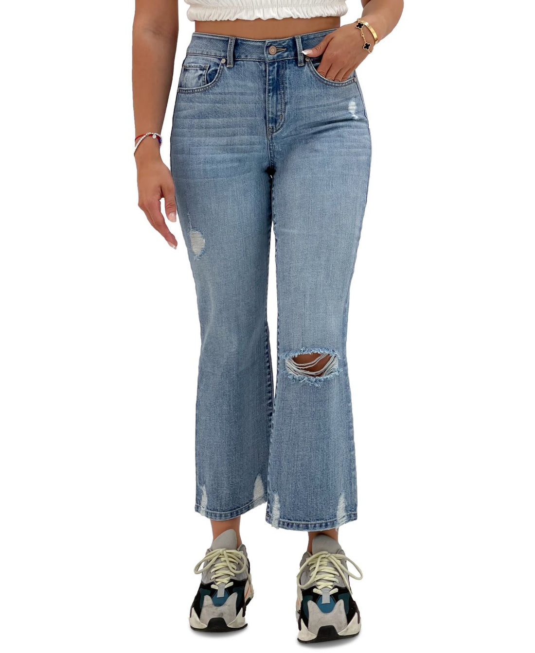 Rewash Juniors Kick Straight Distressed Cropped Jeans