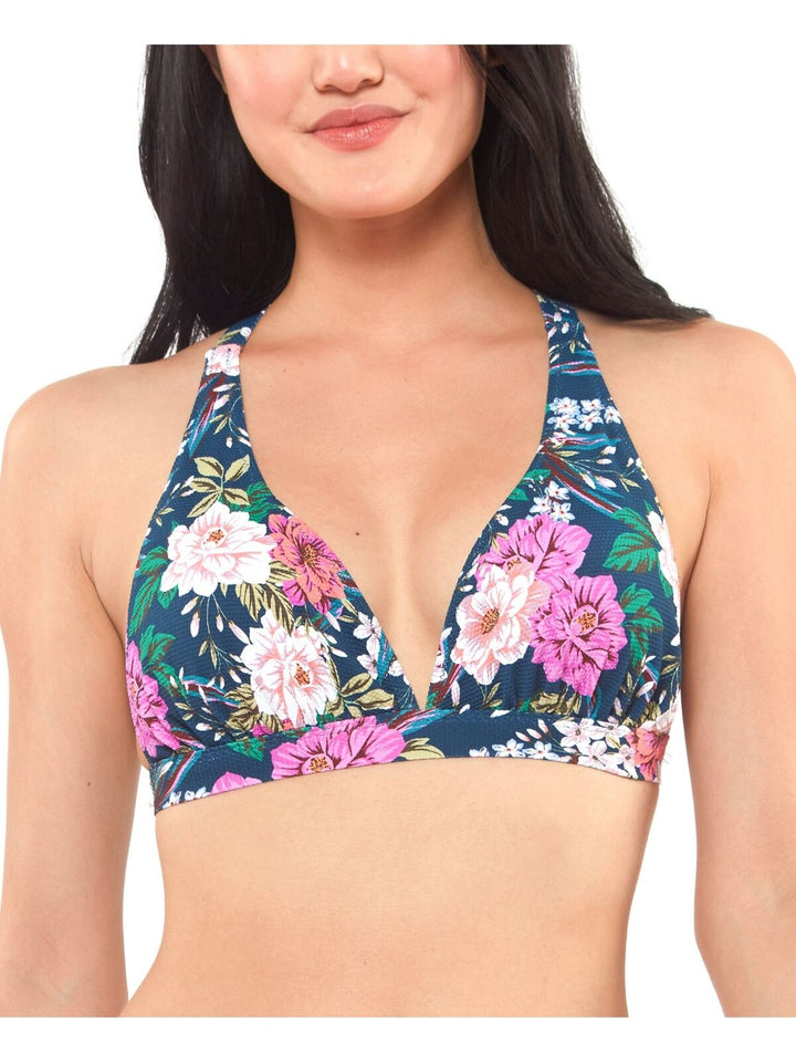 Jessica Simpson Womens Tropical Print Stretch Removable Cups Deep V Neck Tie Gardenia Paradise Bikini Top