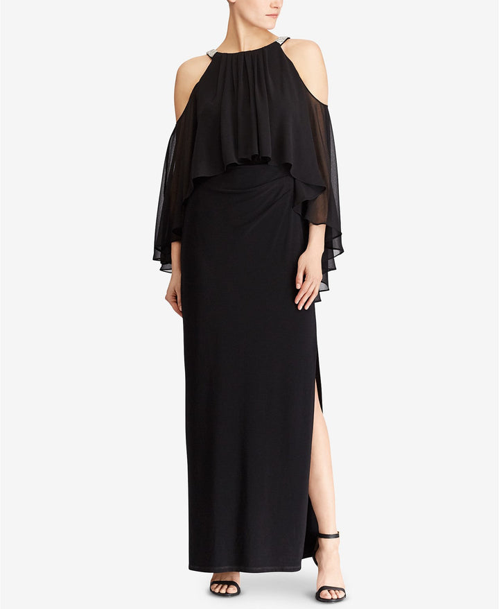 LAUREN RALPH LAUREN Womens Beaded Cold Shoulder Gown