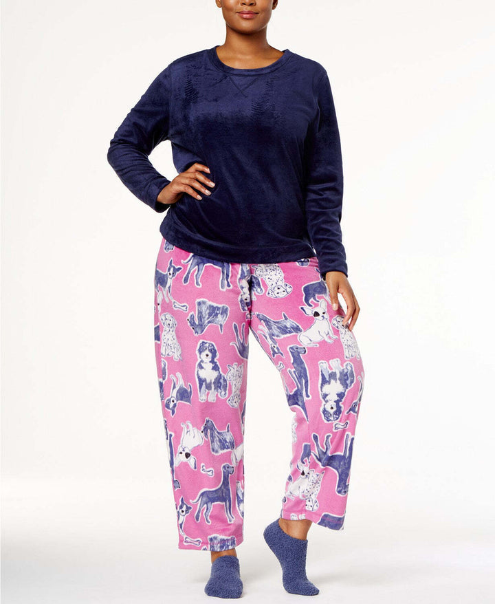 HUE Womens Sleepwear Plus Size Sueded Fleece Top And Printed Pants with Socks Pajama Set