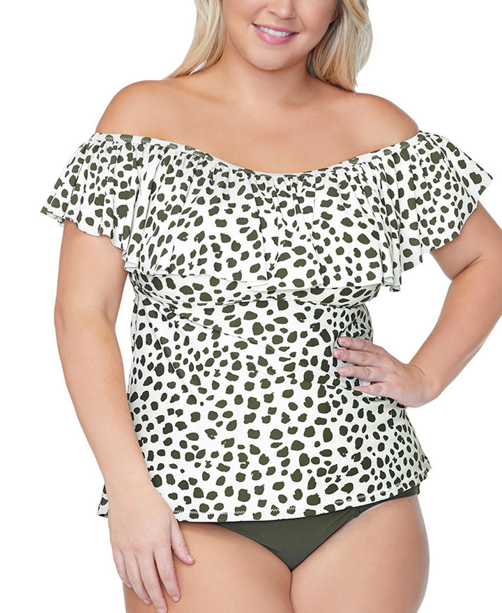 Raisins Curve Womens Trendy Plus Size Toruga Printed Flounce Tankini Top