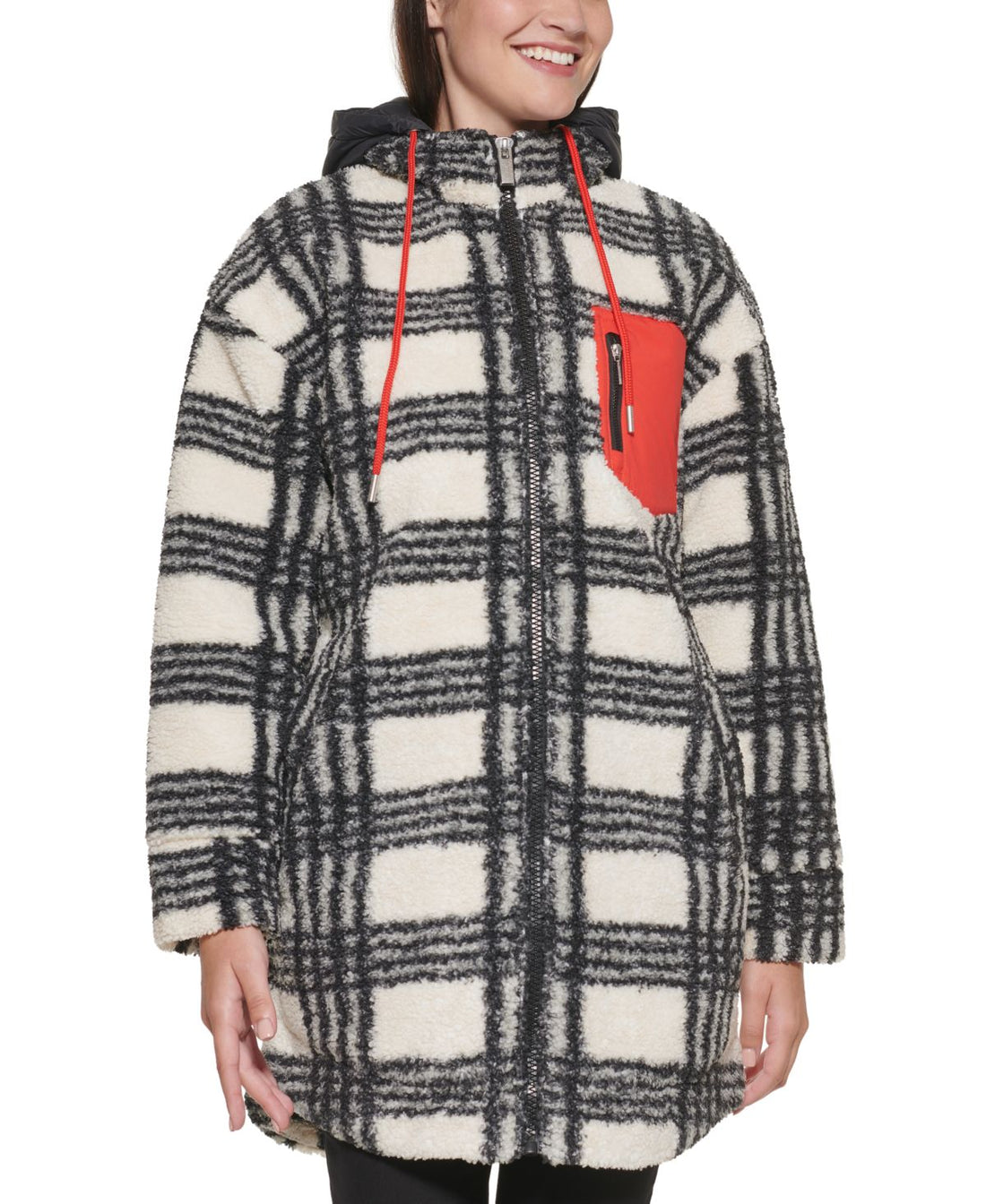 Calvin Klein Womens Curly Plaid Removable-Hood Jacket