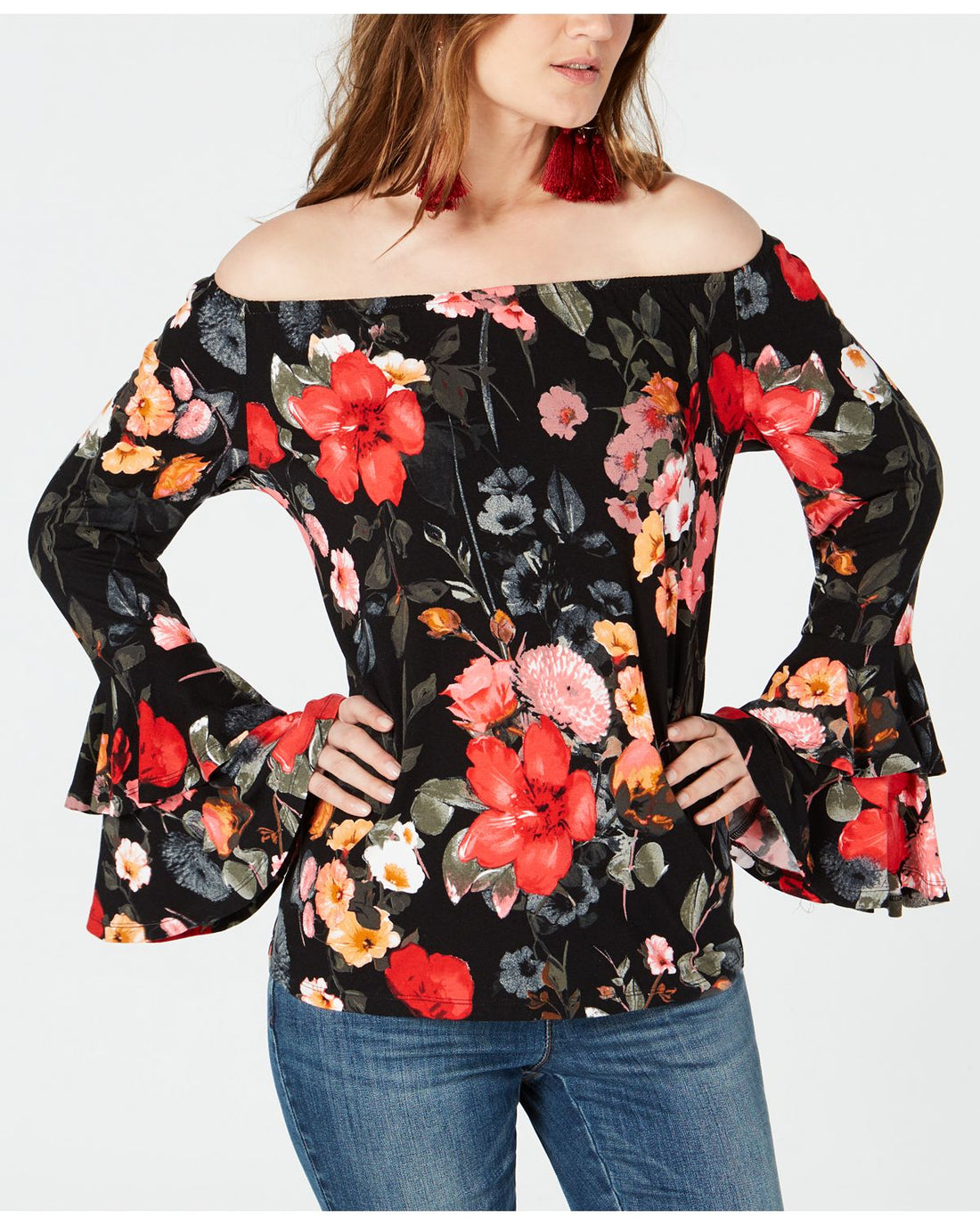 INC International Concepts Womens Floral Print Off The Shoulder Top