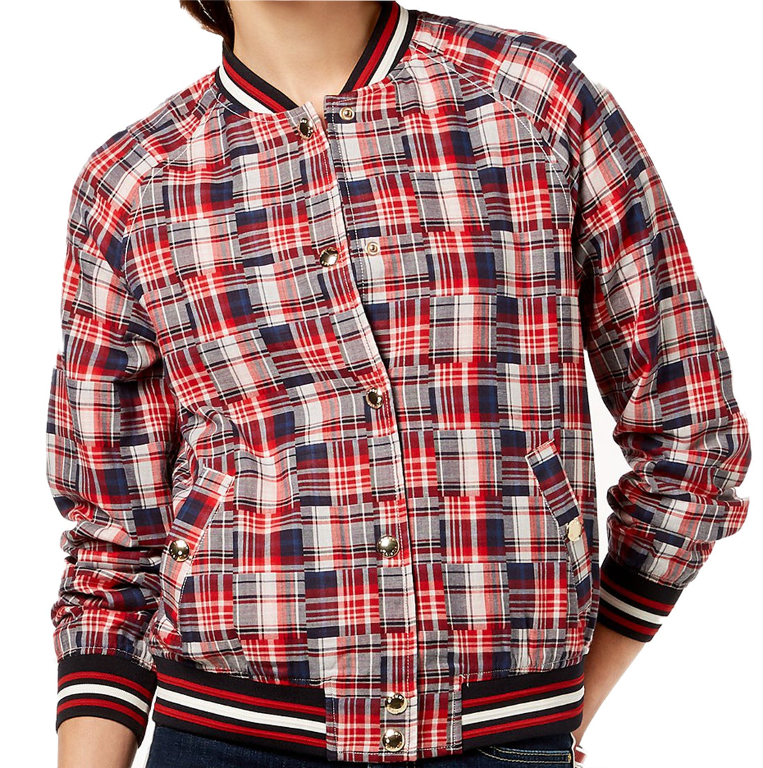 Tommy Hilfiger Womens Cotton Patchwork Plaid Varsity Jacket