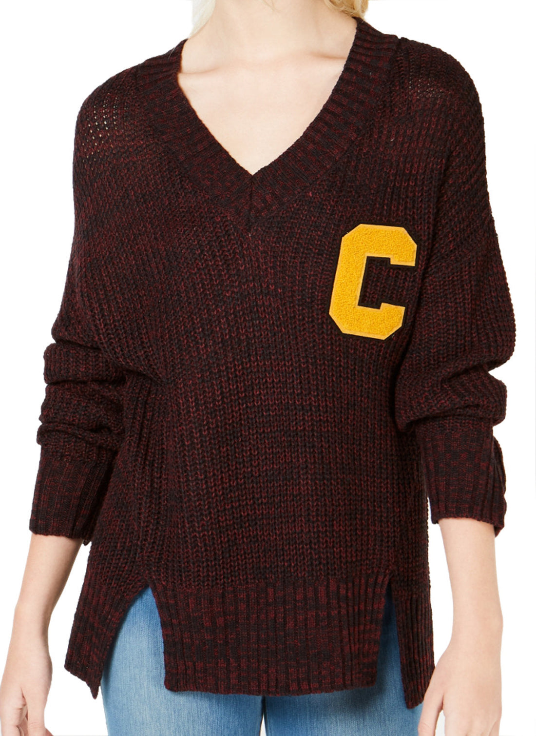 Ultra Flirt Juniors Knit Letter Patch V Neck Sweater