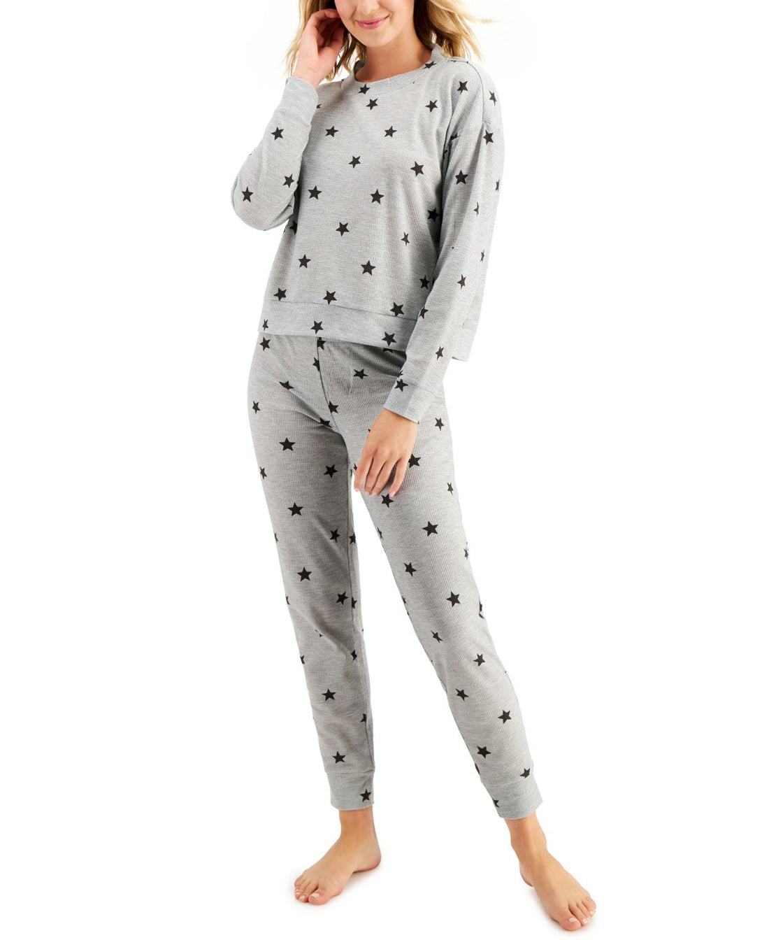 Jenni Womens Long Sleeve Waffle Pajama Top and Jogger Set