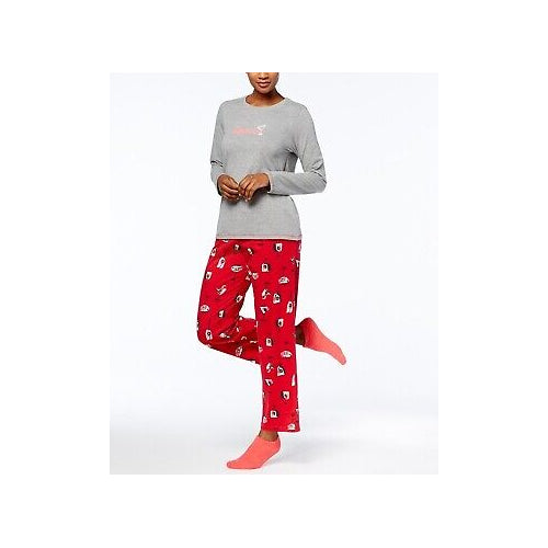 HUE Womens Graphic Printed Tee Pant And Socks 3 Piece Pajama Set