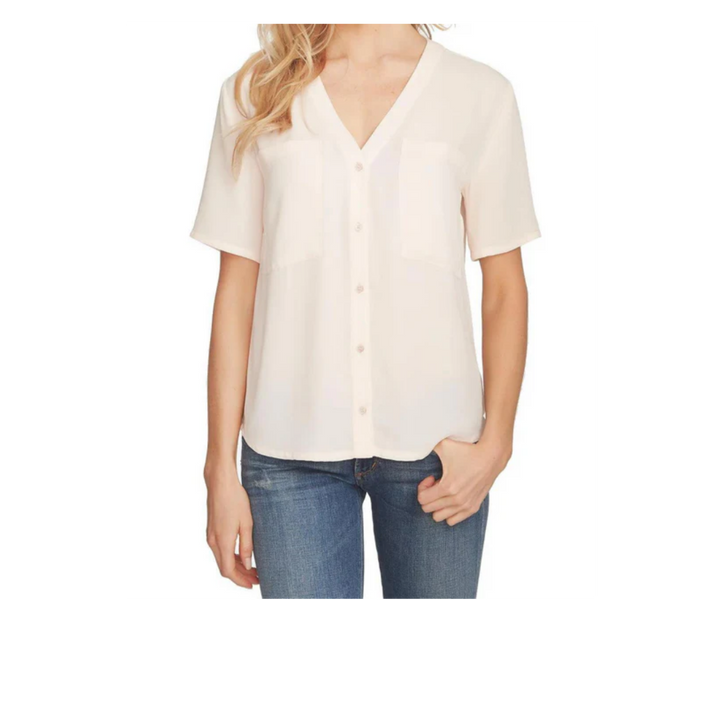 1.STATE Womens Chiffon Short Sleeves V Neck Button Down Shirt