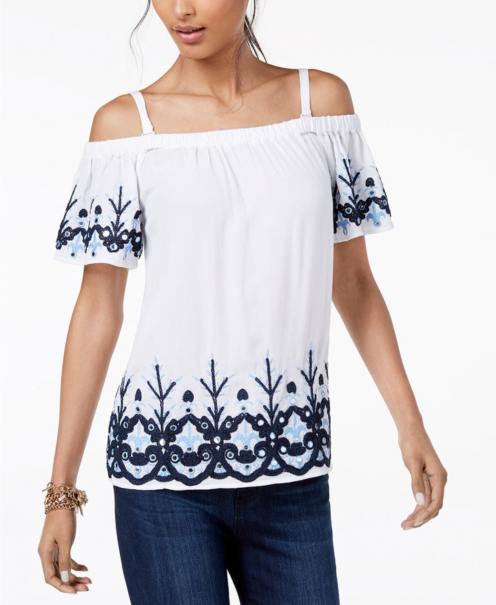 INC International Concepts Womens Embroidered Cold-Shoulder Top