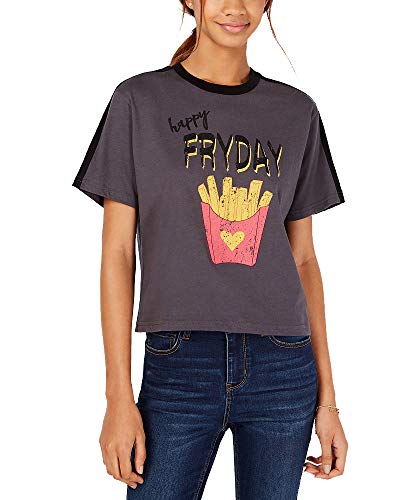 Rebellious One Juniors' Fryday Crop Graphic Ringer T-Shirt (Charcoal, L)