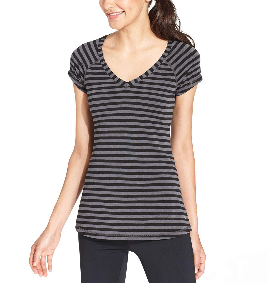 Ideology Womens Short-Sleeve Striped V-Neck Tee Large Charcoal Stripe