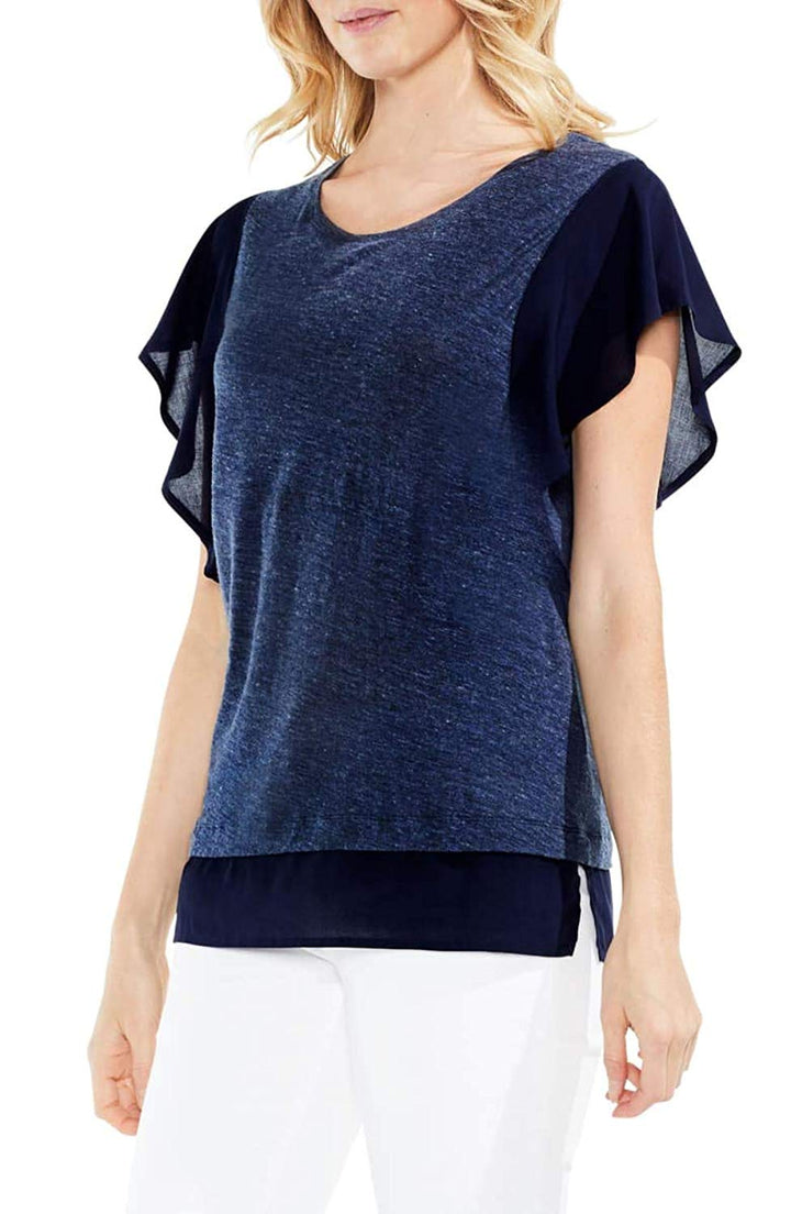 Vince Camuto Womens Ruffle Sleeve Mixed Media Top