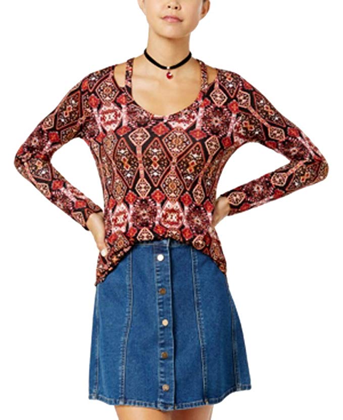 Ultra Flirt Womens Floral Print Cold Shoulder Pullover Top