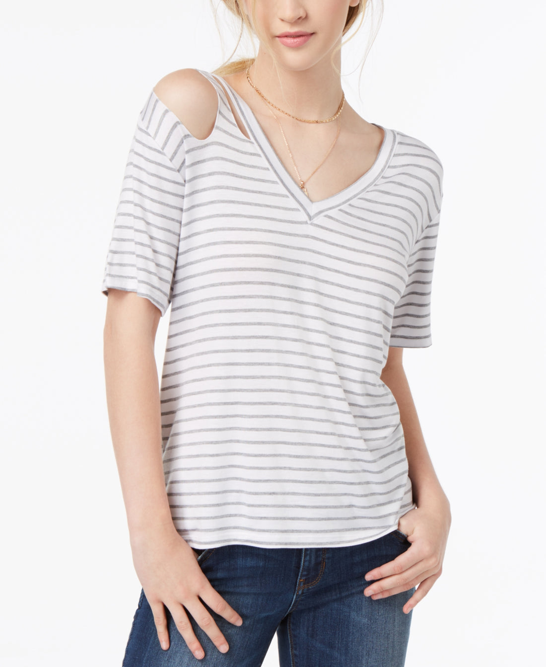 Ultra Flirt Womens Striped Cutout T-Shirt