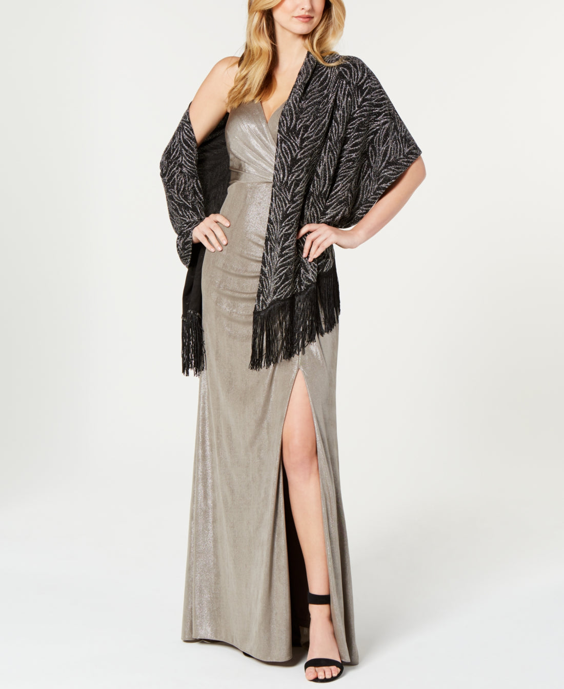 INC International Concepts Womens Leaves Shimmer Jacquard Fringe Wrap