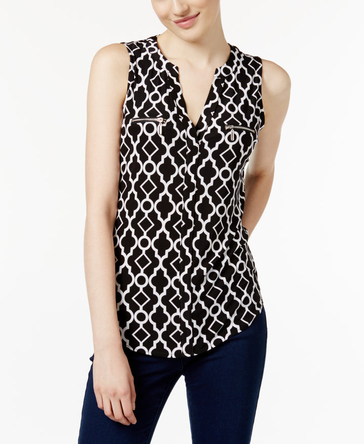 Inc International Concepts Womens Petite Printed Zipper Detail Top