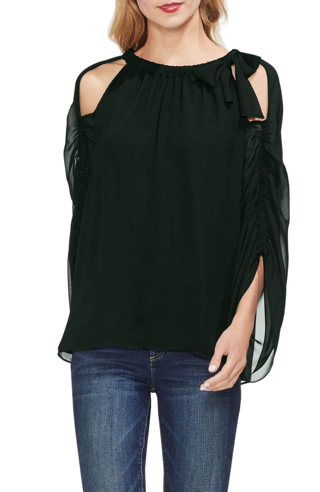 Vince Camuto Womens Gathered Sleeve Bow Neck Top