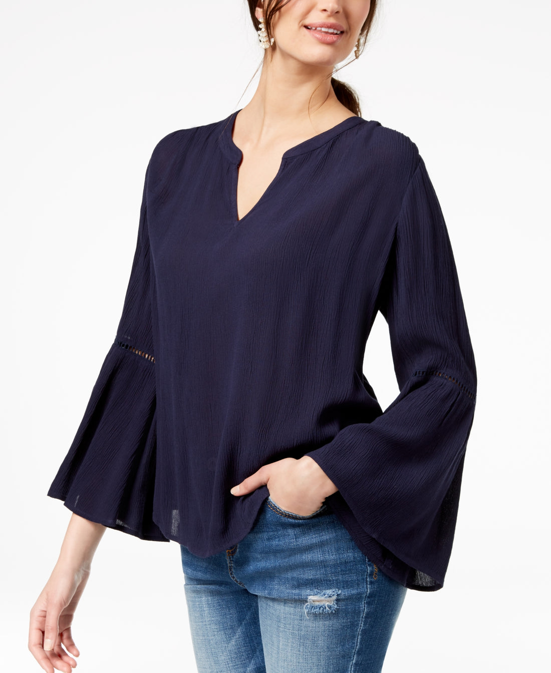 INC International Concepts Womens Ladder-Trim Bell-Sleeve Top