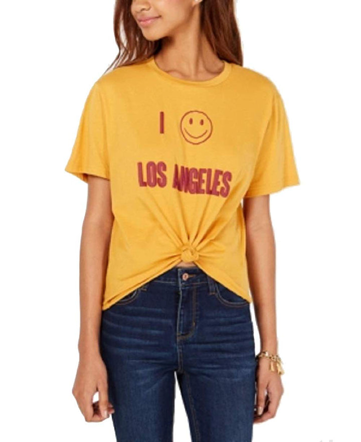 Rebellious One Juniors Los Angeles Tie Front Graphic T-Shirt Mustard Large